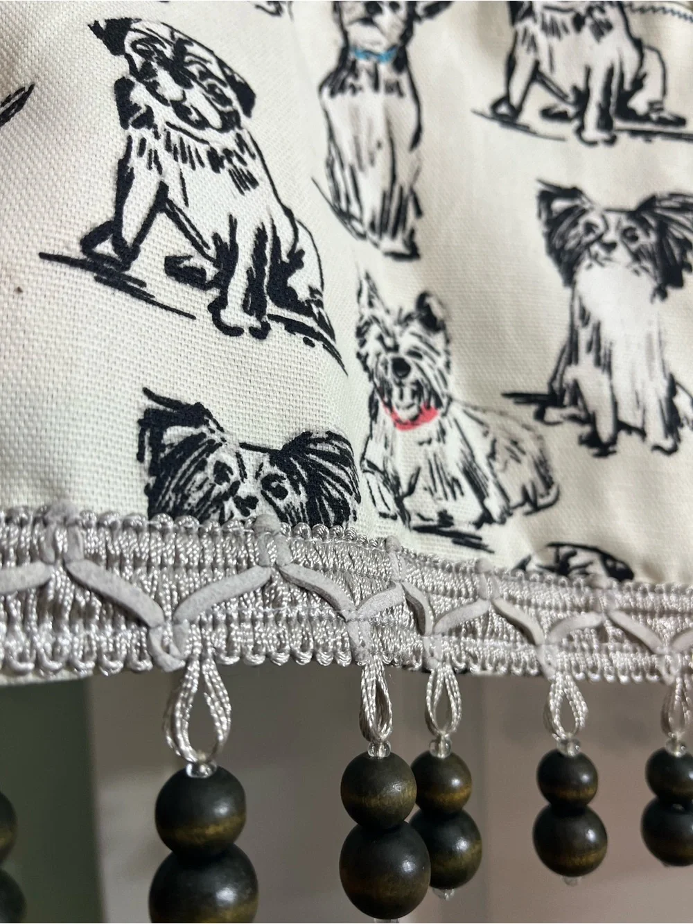 Dog Print Valance with Beaded Trim - Cream and Black
